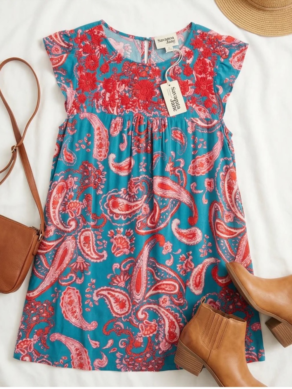 🟠NWT SAVANNA JANE Flutter Sleeve Embroidered Baby Doll Mini Dress in Pink/Teal